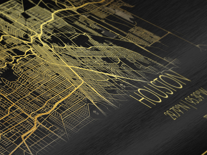 Houston Texas City Poster, Panoramic street map, black and gold, Metallic Gold Art, Metal Art, wood framed map, Housewarming Gift