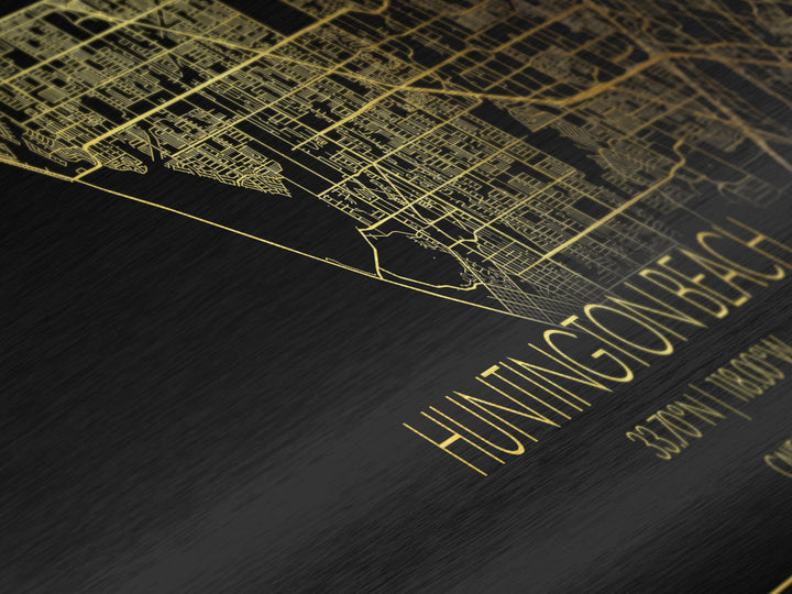 Huntington Beach California street map, Panoramic art, black and gold, Metallic Gold Print, Metal Art, real wood frames, Modern Wall Art