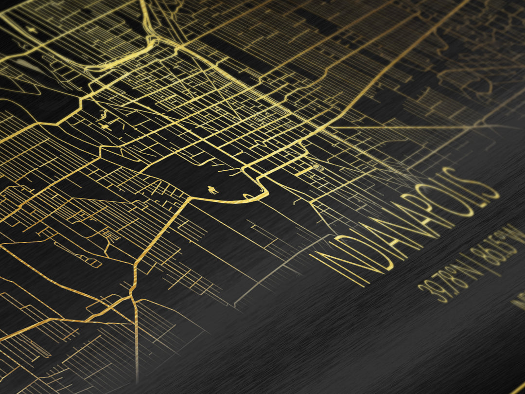 Indianapolis Indiana City street map, Panoramic art, black and gold, Metallic Gold Print, Metal Art, real wood frames, Closing Gift