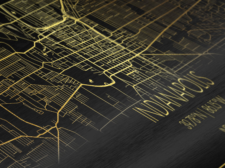 Indianapolis Indiana City street map, Panoramic art, black and gold, Metallic Gold Print, Metal Art, real wood frames, Closing Gift