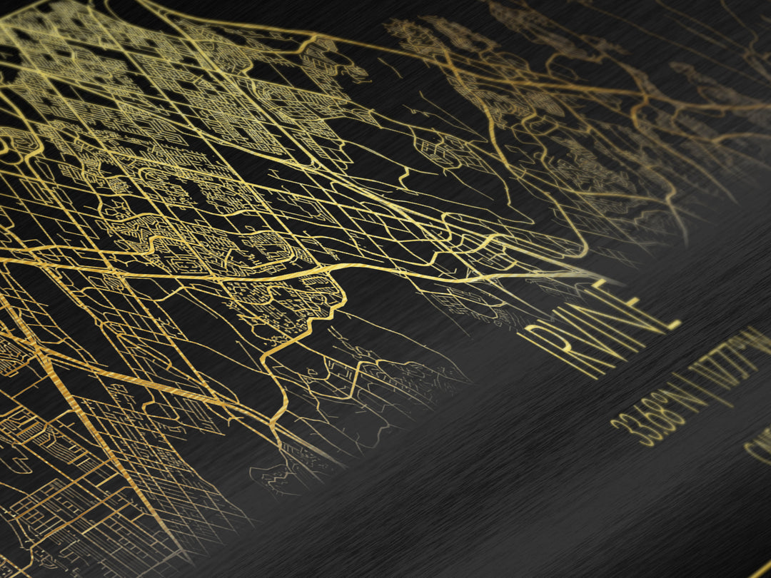 Irvine California Poster, Panoramic street map, black and gold, Metallic Gold Art, Metal Art, wood framed map, Wall Art, Housewarming Gift