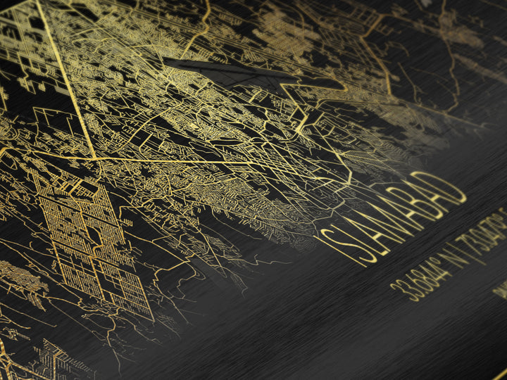 Islamabad Pakistan City Poster, Panoramic street map, black and gold, Metallic Gold Art, Metal Art, wood framed map, Minimalist Wall Art
