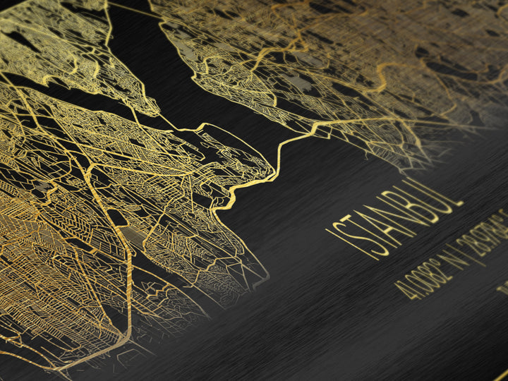 Istanbul Turkey map, Panoramic art, black and gold, Metallic Gold Print, Metal Art, real wood frames, Street Map Art, Best Friend Gifts