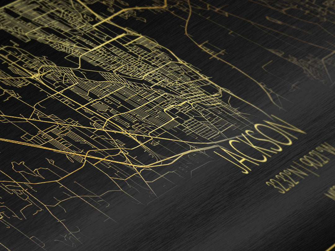 Jackson Mississippi City Poster, Panoramic street map, black and gold, Metallic Gold Art, Metal Art, wood framed map, Housewarming Gift