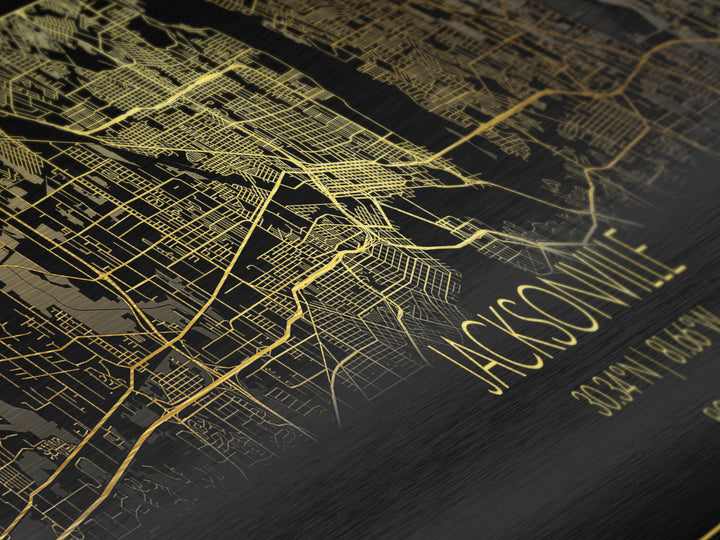 Jacksonville Florida City street map, Panoramic art, black and gold, Metallic Gold Print, Metal Art, real wood frames, Office Décor