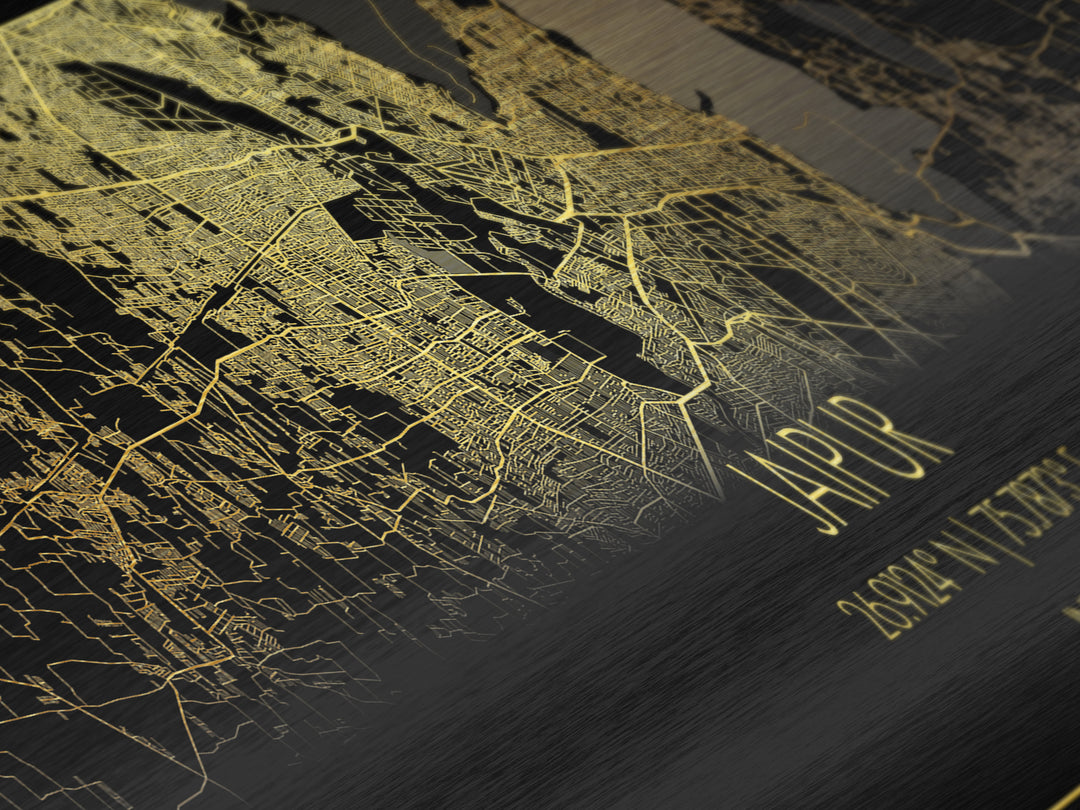 Jaipur India City Poster, Panoramic street map, black and gold, Metallic Gold Art, Metal Art, wood framed map, Street Map Art