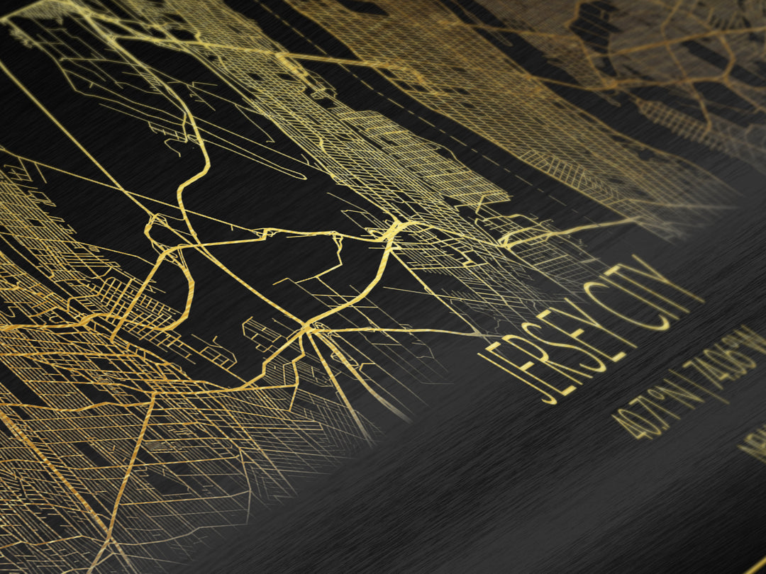 Jersey City New Jersey City street map, Panoramic art, black and gold, Metallic Gold Print, Metal Art, real wood frames, Minimalist Wall Art