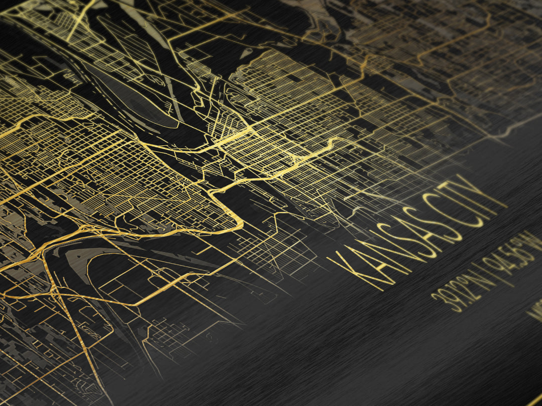 Kansas City Missouri City Poster, Panoramic street map, black and gold, Metallic Gold Art, Metal Art, wood framed map, Housewarming Gift