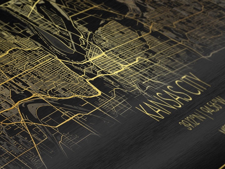 Kansas City Missouri City Poster, Panoramic street map, black and gold, Metallic Gold Art, Metal Art, wood framed map, Housewarming Gift