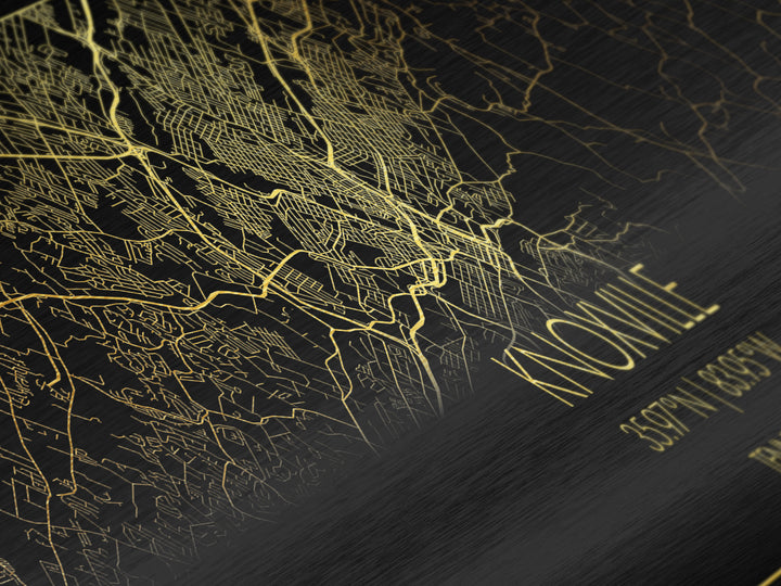 Knoxville Tennessee City street map, Panoramic art, black and gold, Metallic Gold Print, Metal Art, real wood frames, Best Friend Gifts