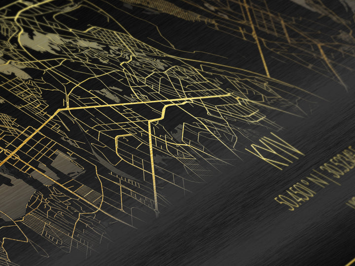 Kyiv Ukraine City Poster, Panoramic street map, black and gold, Metallic Gold Art, Metal Art, wood framed map, Wall Art, College Dorm Décor