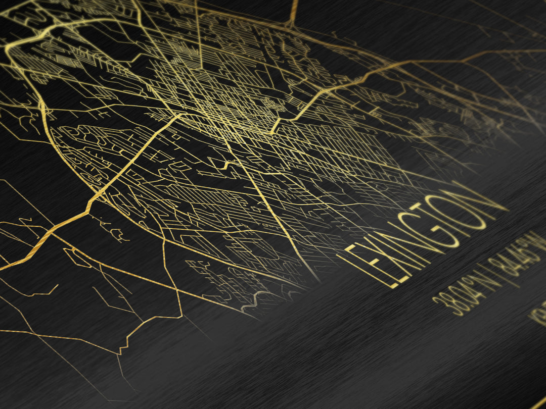Lexington Kentucky map, Panoramic art, black and gold, Metallic Gold Print, Metal Art, real wood frames, Modern House Art, Street Map Art