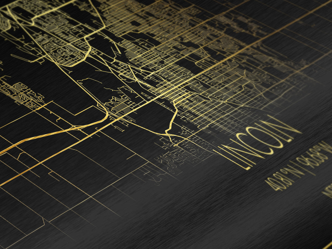 Lincoln Nebraska City Poster, Panoramic street map, black and gold, Metallic Gold Art, Metal Art, wood framed map, College Dorm Décor