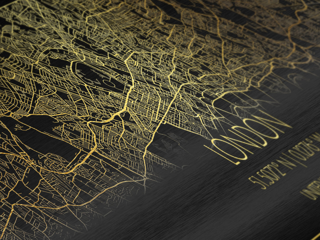 London United Kingdom City street map, Panoramic art, black and gold, Metallic Gold Print, Metal Art, real wood frames, Best Friend Gifts