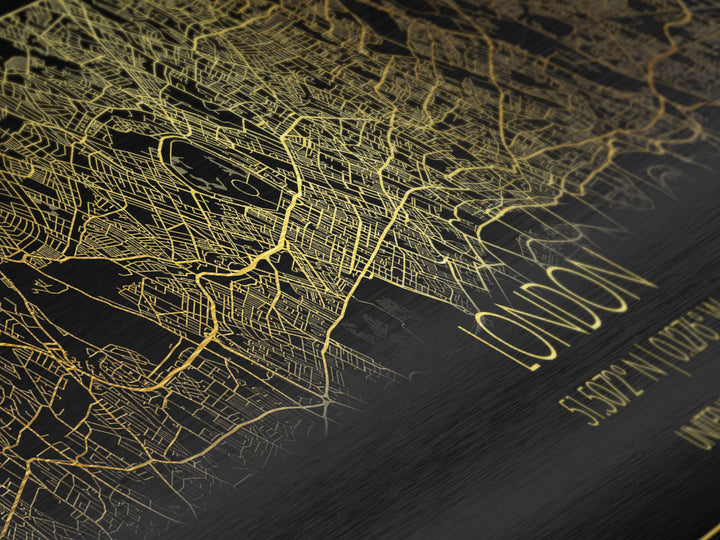 London United Kingdom City street map, Panoramic art, black and gold, Metallic Gold Print, Metal Art, real wood frames, Best Friend Gifts