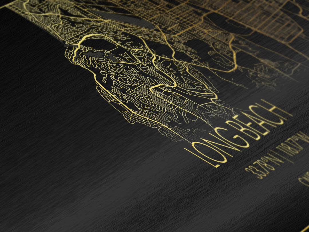 Long Beach California City Poster, Panoramic street map, black and gold, Metallic Gold Art, Metal Art, wood framed map, Housewarming Gift