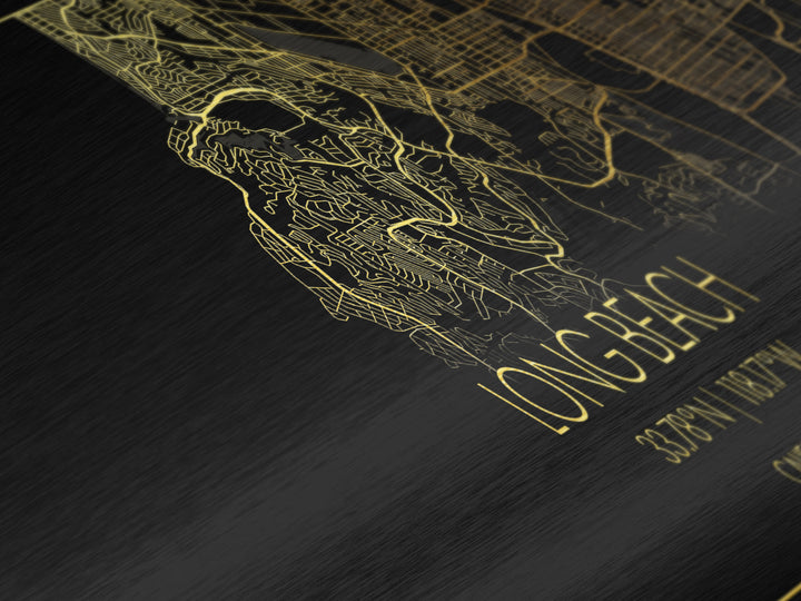 Long Beach California City Poster, Panoramic street map, black and gold, Metallic Gold Art, Metal Art, wood framed map, Housewarming Gift