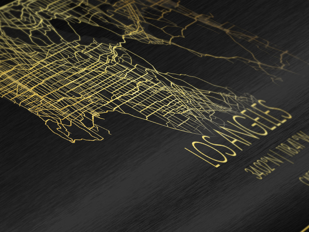 Los Angeles California map, Panoramic art, black and gold, Metallic Gold Print, Metal Art, real wood frames, Modern House Art, Street Map