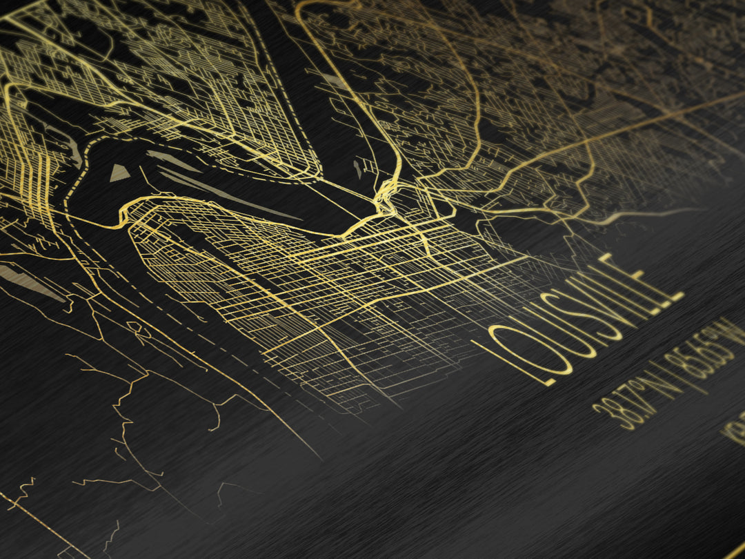 Louisville Kentucky City Poster, Panoramic street map, black and gold, Metallic Gold Art, Metal Art, wood framed map, Housewarming Gift