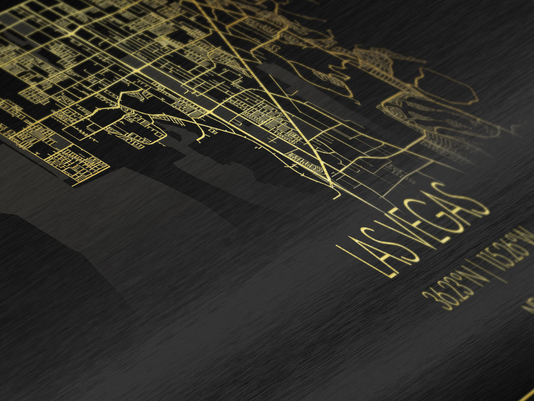 Las Vegas Nevada City street map, Panoramic art, black and gold, Metallic Gold Print, Metal Art, real wood frames, Street Map Art