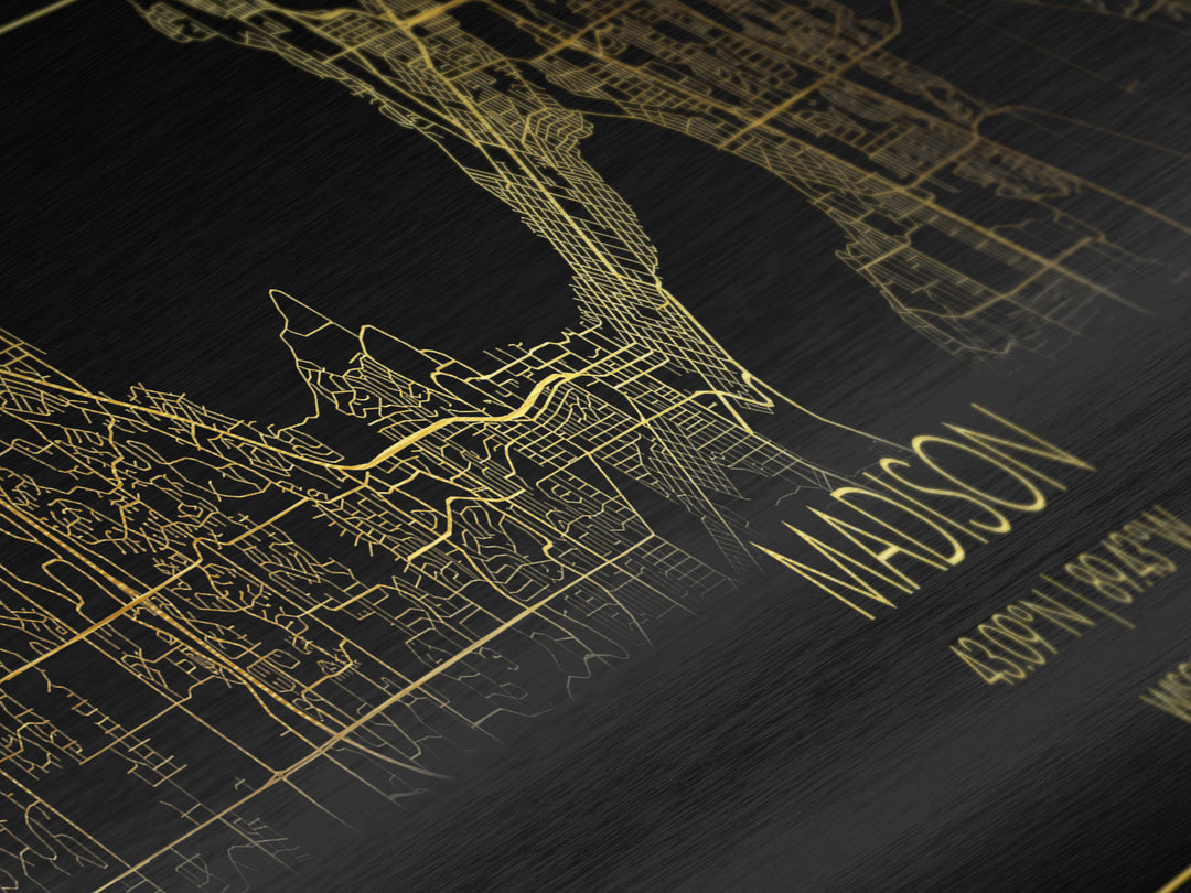 Madison Wisconsin City street map, Panoramic art, black and gold, Metallic Gold Print, Metal Art, real wood frames, Wall Art, Minimalist Art