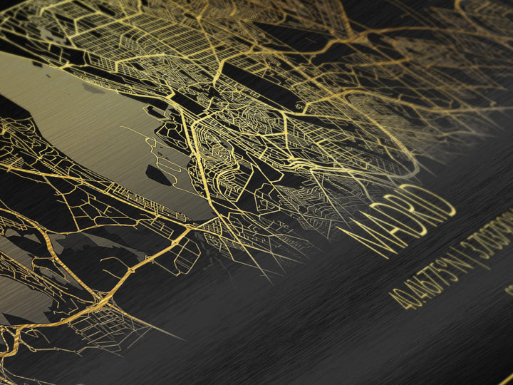 Madrid Spain City Poster, Panoramic street map, black and gold, Metallic Gold Art, Metal Art, wood framed map, College Dorm Décor