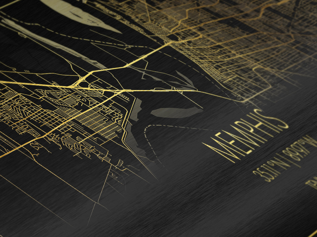 Memphis Tennessee City street map, Panoramic art, black and gold, Metallic Gold Print, Metal Art, real wood frames, Housewarming Gift