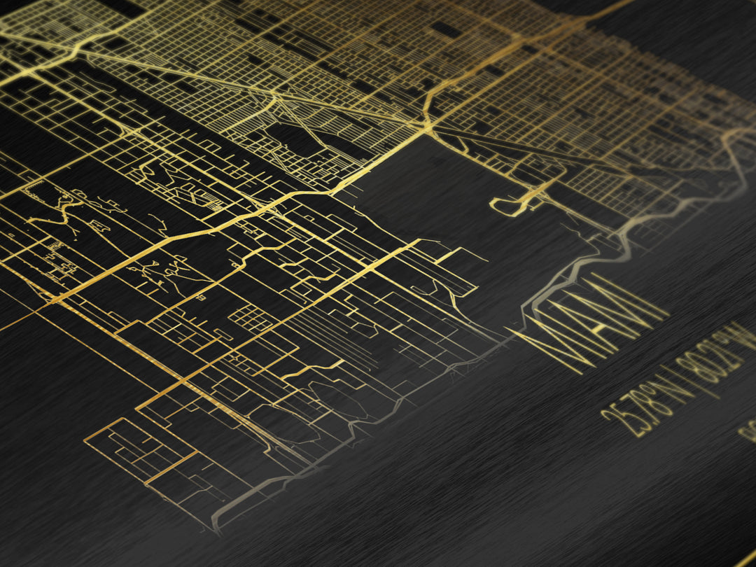 Miami Florida City street map, Panoramic art, black and gold, Metallic Gold Print, Metal Art, real wood frames, Office Decor, Wall Art