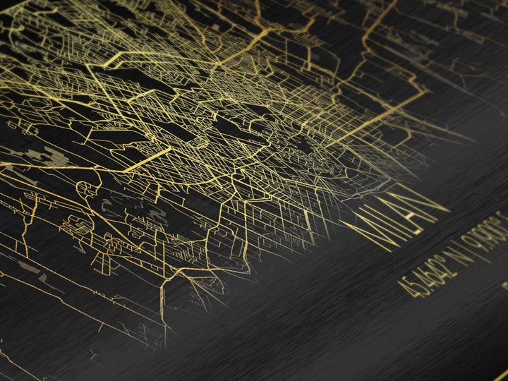 Milan Italy City Poster, Panoramic street map, black and gold, Metallic Gold Art, Metal Art, wood framed map, Modern Wall Art
