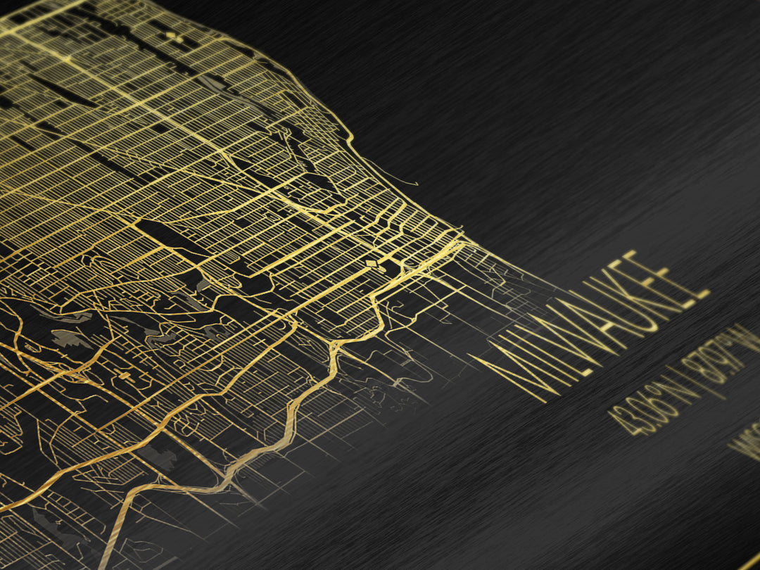 Milwaukee Wisconsin City street map, Panoramic art, black and gold, Metallic Gold Print, Metal Art, real wood frames, Minimalist Wall Art