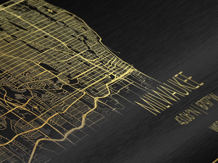 Milwaukee Wisconsin City street map, Panoramic art, black and gold, Metallic Gold Print, Metal Art, real wood frames, Minimalist Wall Art