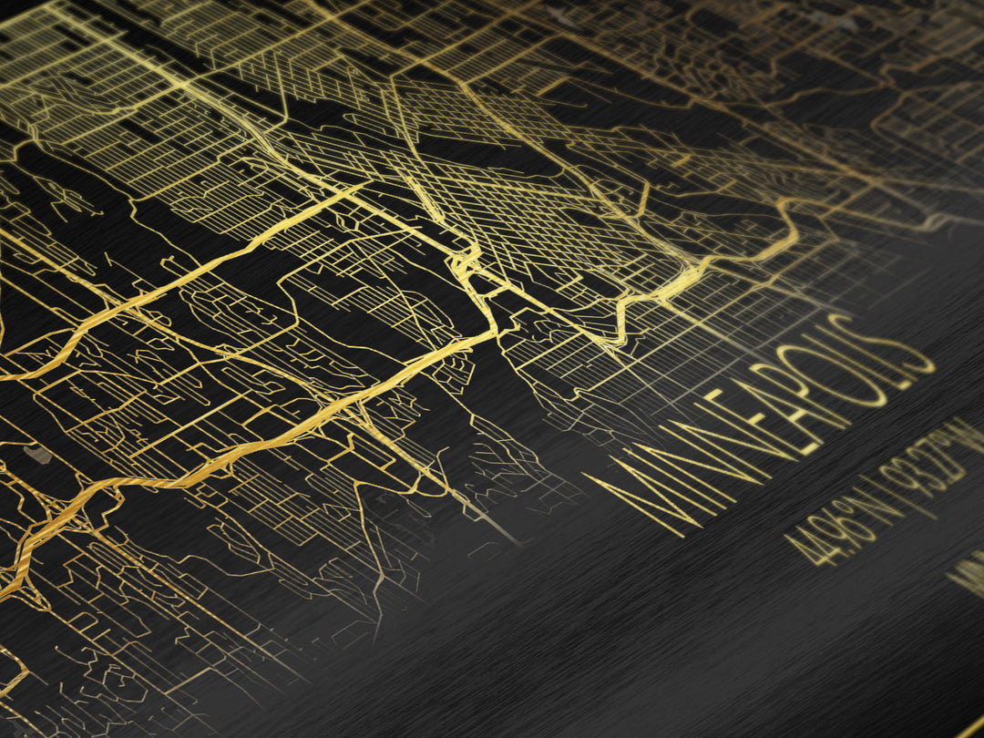 Minneapolis Minnesota City Poster, Panoramic street map, black and gold, Metallic Gold Art, Metal Art, wood framed map, Office Décor