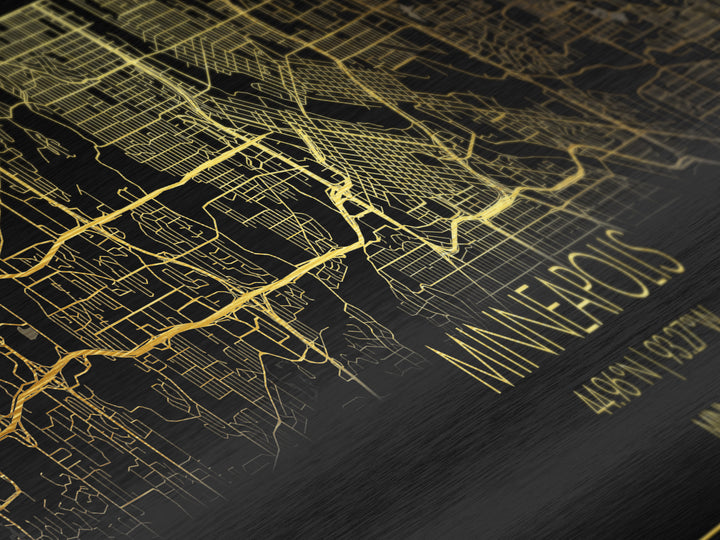 Minneapolis Minnesota City Poster, Panoramic street map, black and gold, Metallic Gold Art, Metal Art, wood framed map, Office Décor