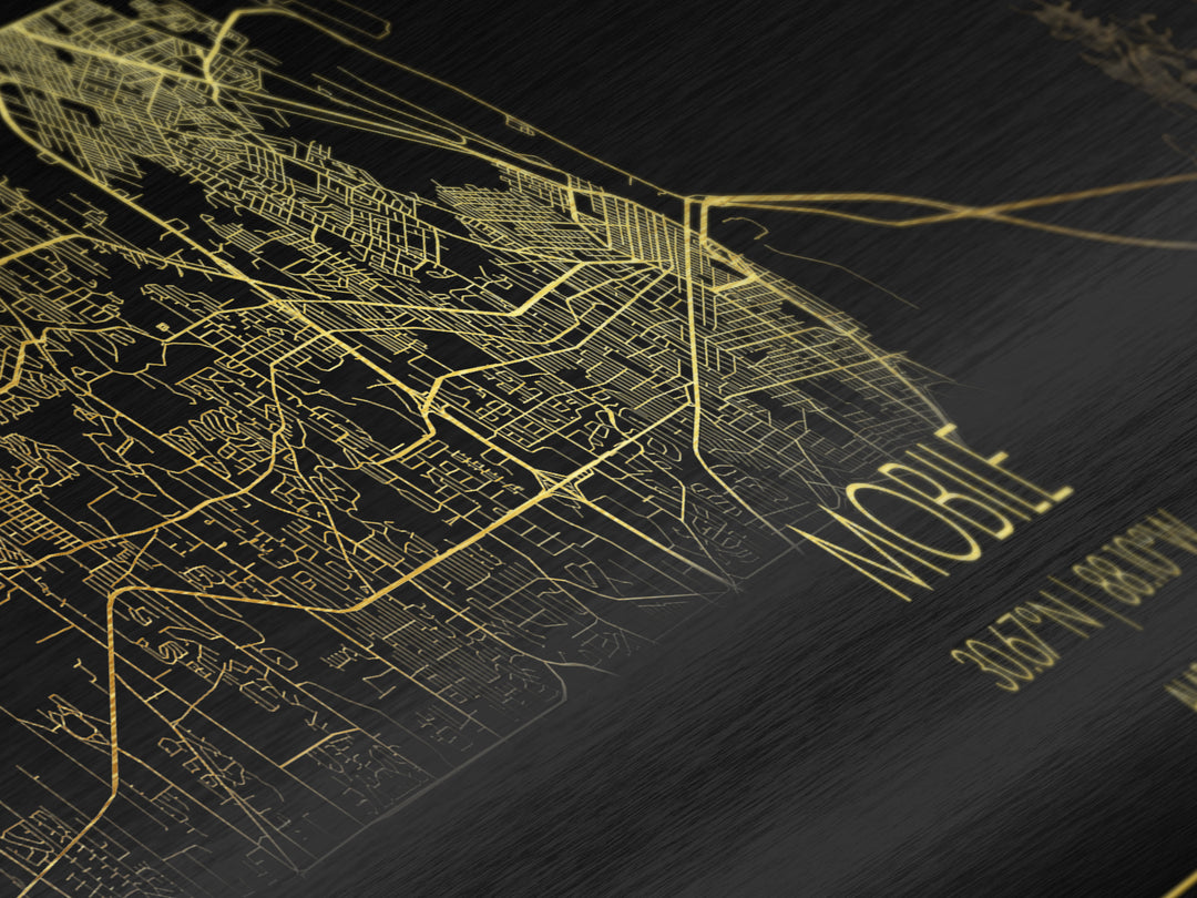 Mobile Alabama City street map, Panoramic art, black and gold, Metallic Gold Print, Metal Art, real wood frames, Housewarming Gift