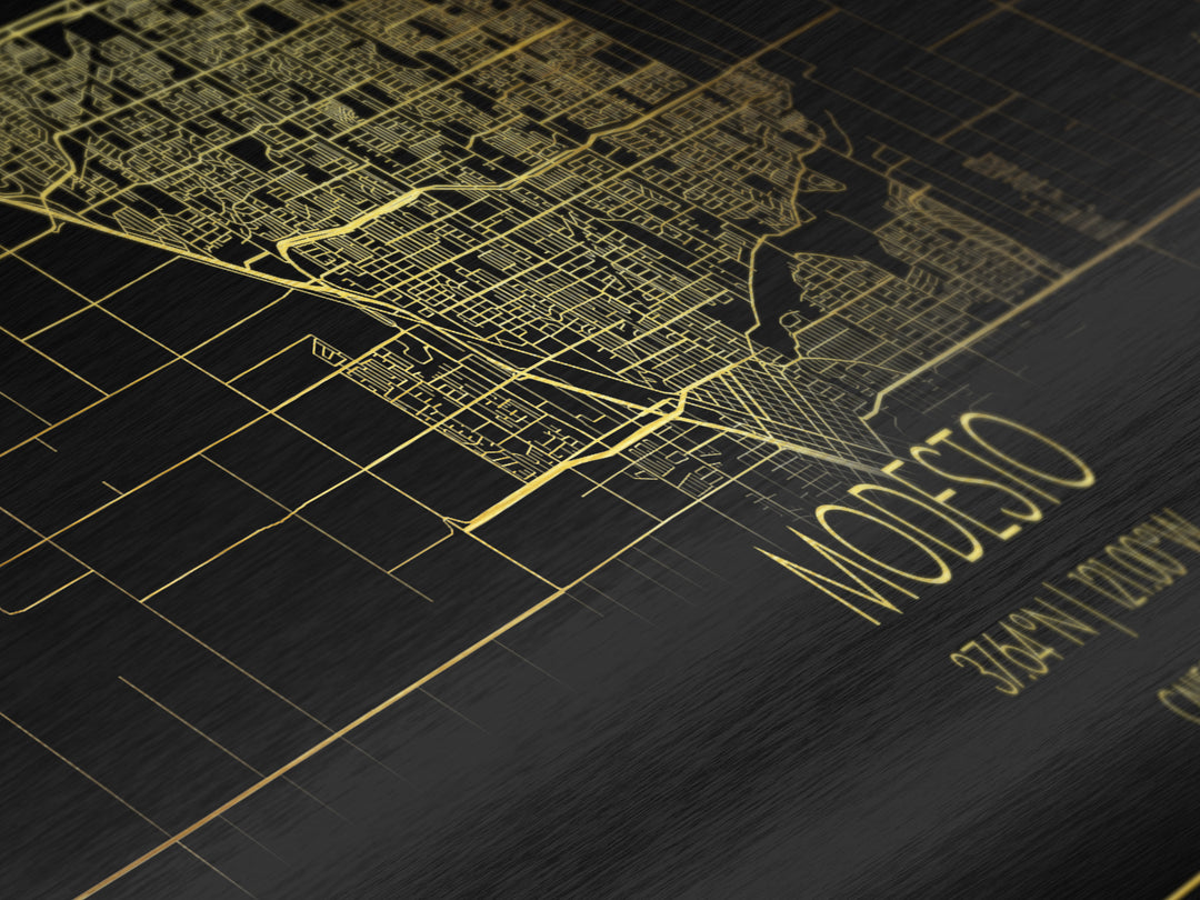Modesto California City Poster, Panoramic street map, black and gold, Metallic Gold Art, Metal Art, wood framed map, Modern House Art