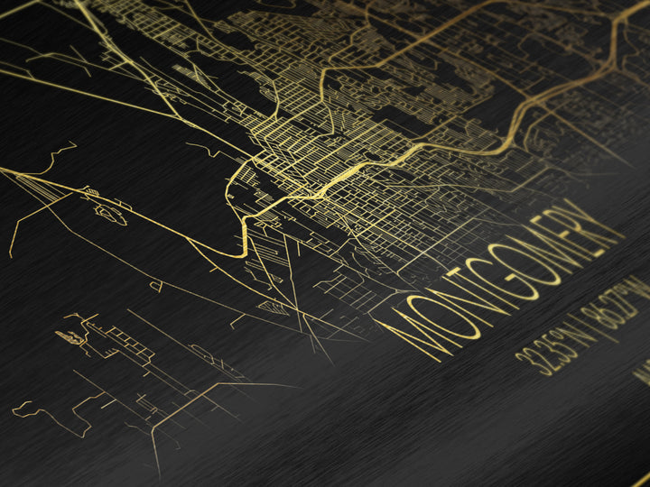 Montgomery Alabama City street map, Panoramic art, black and gold, Metallic Gold Print, Metal Art, real wood frames,  City Map Print Poster