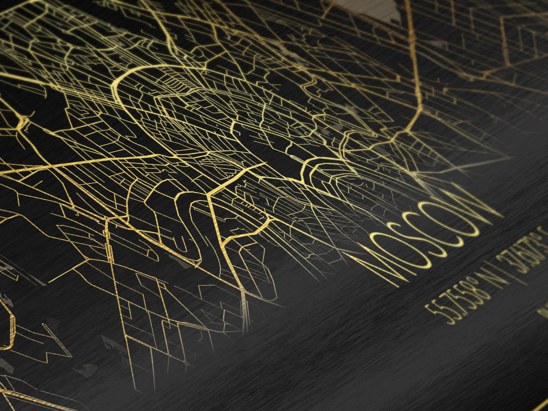 Moscow Russia City street map, Panoramic art, black and gold, Metallic Gold Print, Metal Art, real wood frames, Minimalist Wall Art