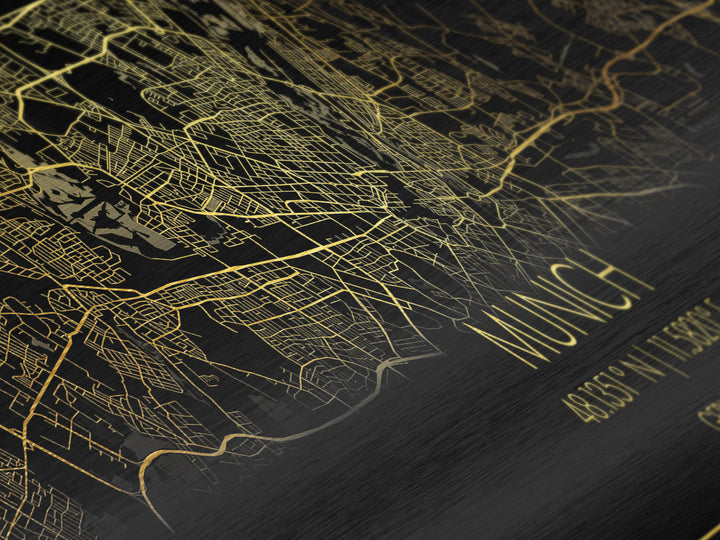 Munich Germany City Poster, Panoramic street map, black and gold, Metallic Gold Art, Metal Art, wood framed map,  Housewarming Gift