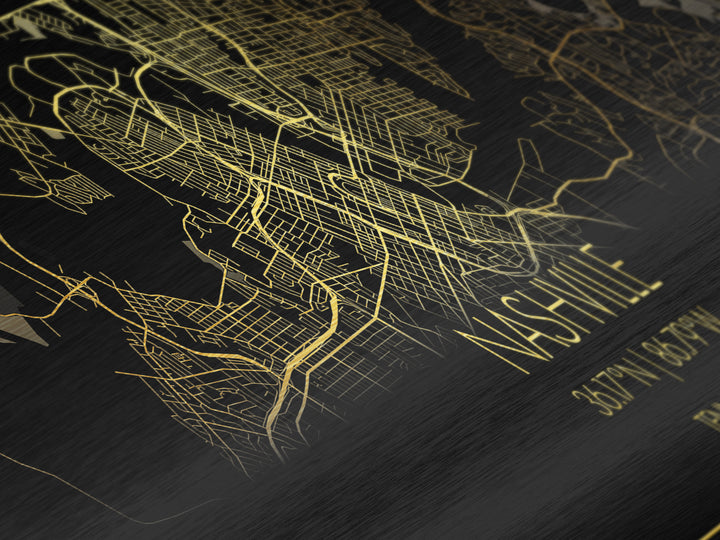 Nashville Tennessee City street map, Panoramic art, black and gold, Metallic Gold Print, Metal Art, real wood frames, Map Print Poster