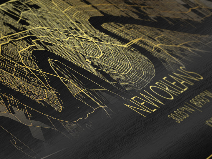 New Orleans Louisiana City street map, Panoramic art, black and gold, Metallic Gold Print, Metal Art, real wood frames, Housewarming Gift