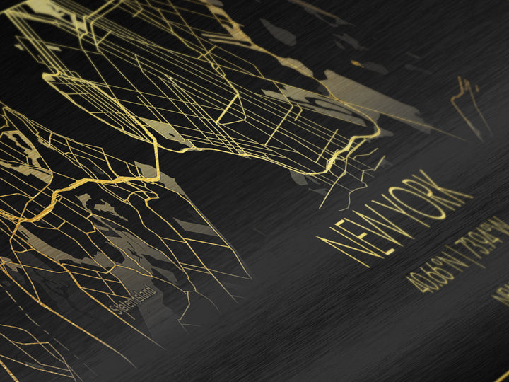 New York New York City street map, Panoramic art, black and gold, Metallic Gold Print, Metal Art, real wood frames, Office Decor, Wall Art
