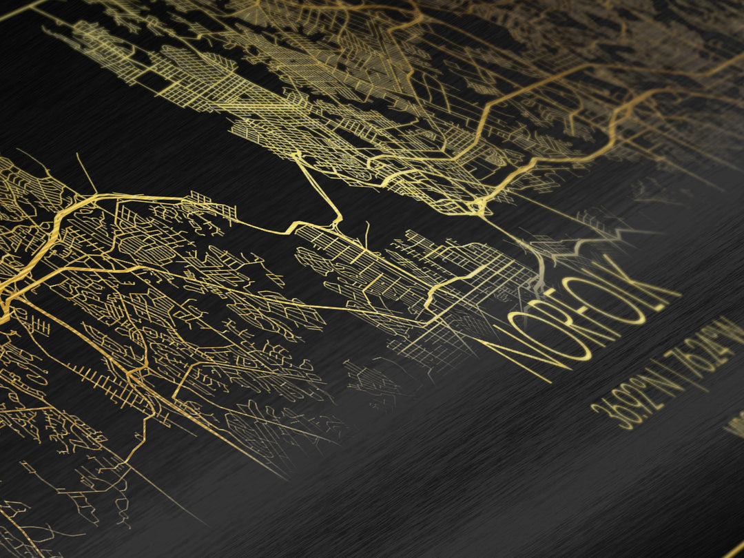 Norfolk Virginia City Poster, Panoramic street map, black and gold, Metallic Gold Art, Metal Art, wood framed map, Housewarming Gift