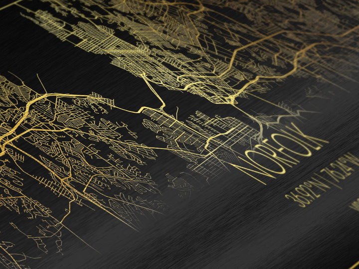 Norfolk Virginia City Poster, Panoramic street map, black and gold, Metallic Gold Art, Metal Art, wood framed map, Housewarming Gift
