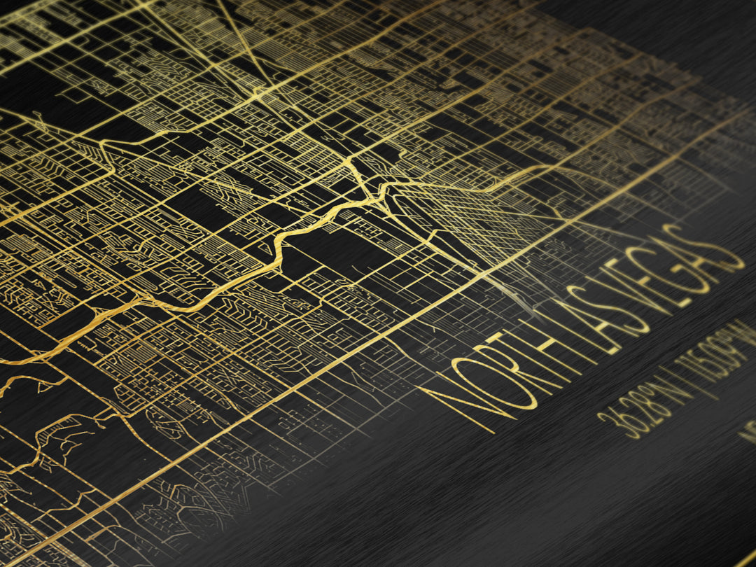 North Las Vegas Nevada City street map, Panoramic art, black and gold, Metallic Gold Print, Metal Art, real wood frames, Best Friend Gifts
