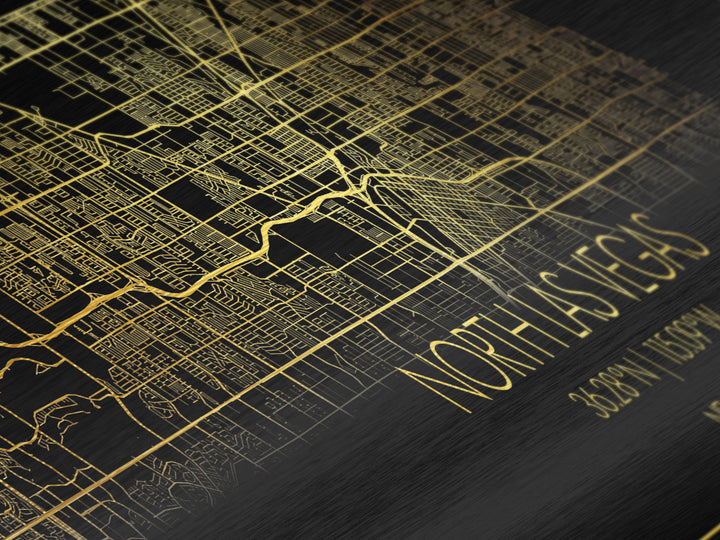 North Las Vegas Nevada City street map, Panoramic art, black and gold, Metallic Gold Print, Metal Art, real wood frames, Best Friend Gifts