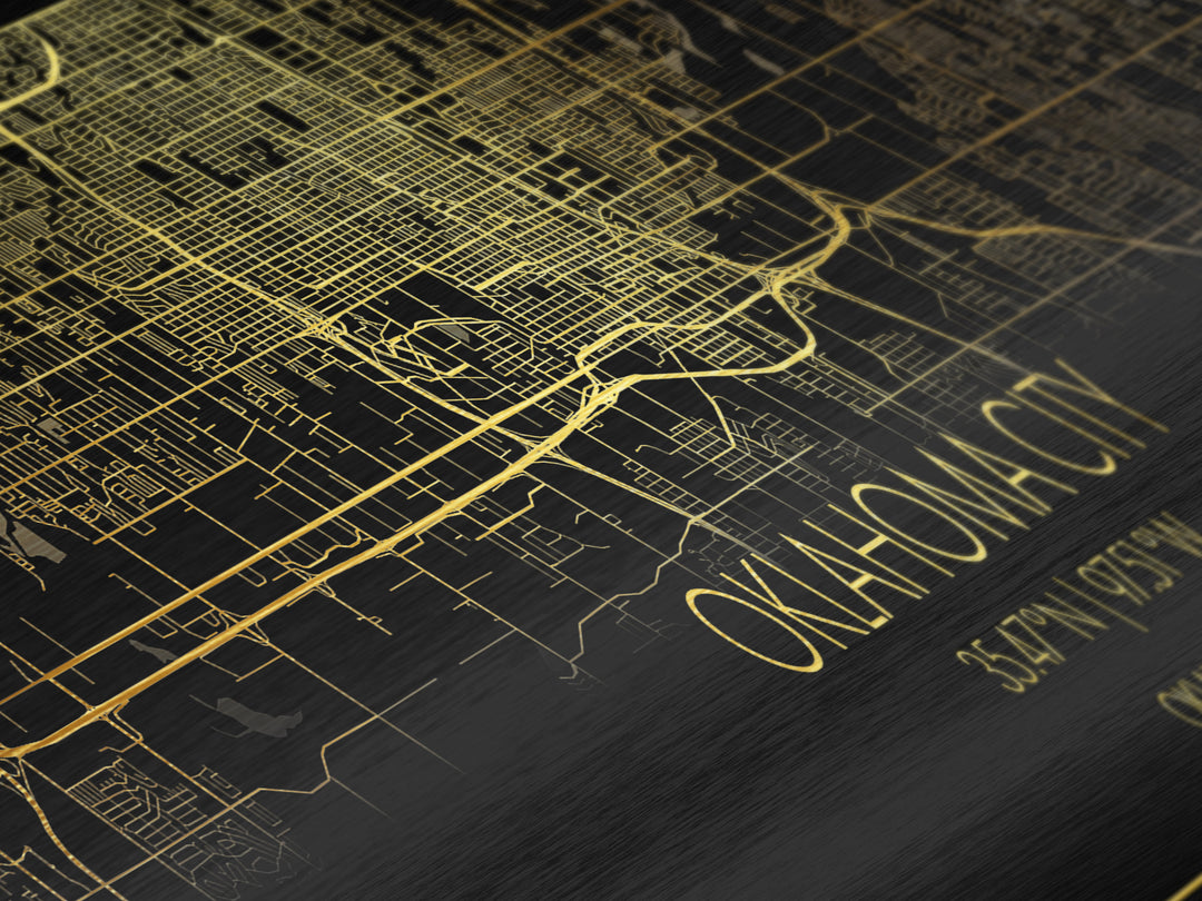 Oklahoma City Oklahoma City Poster, Panoramic street map, black and gold, Metallic Gold Art, Metal Art, wood framed map, Street Map Art