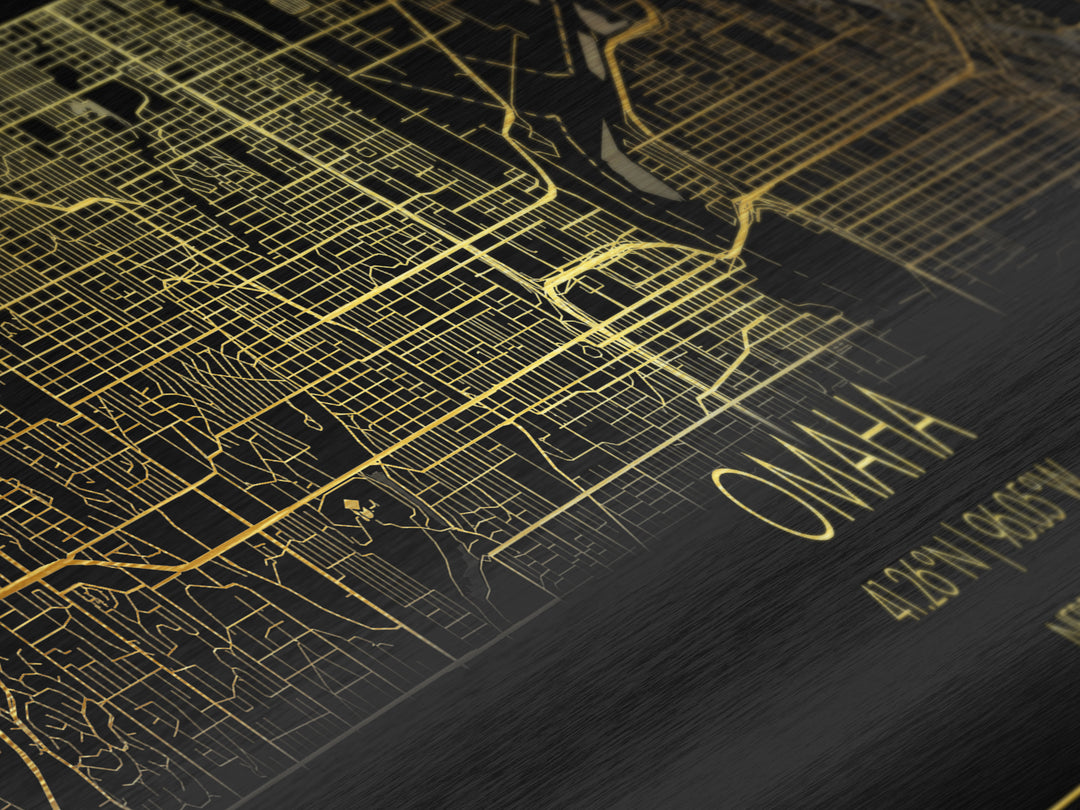 Omaha Nebraska City street map, Panoramic art, black and gold, Metallic Gold Print, Metal Art, real wood frames, Housewarming Gift