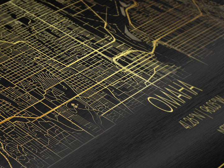 Omaha Nebraska City street map, Panoramic art, black and gold, Metallic Gold Print, Metal Art, real wood frames, Housewarming Gift