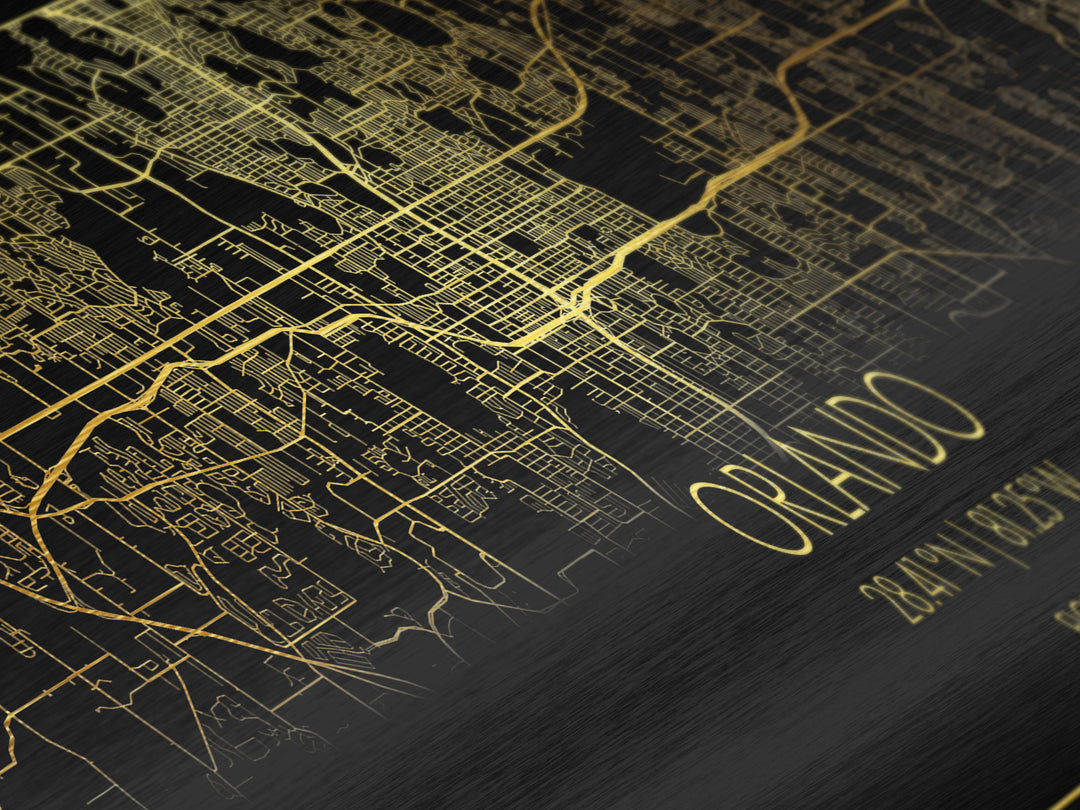 Orlando Florida City street map, Panoramic art, black and gold, Metallic Gold Print, Metal Art, real wood frames, Modern Wall Art