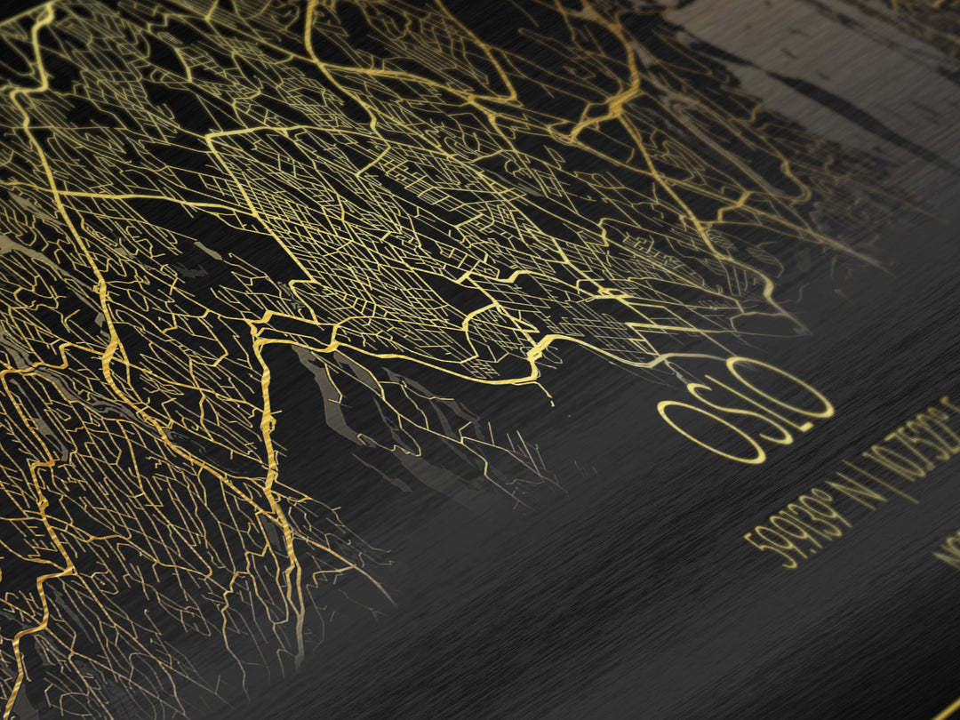Oslo Norway City Poster, Panoramic street map, black and gold, Metallic Gold Art, Metal Art, wood framed map, City Map Print Poster